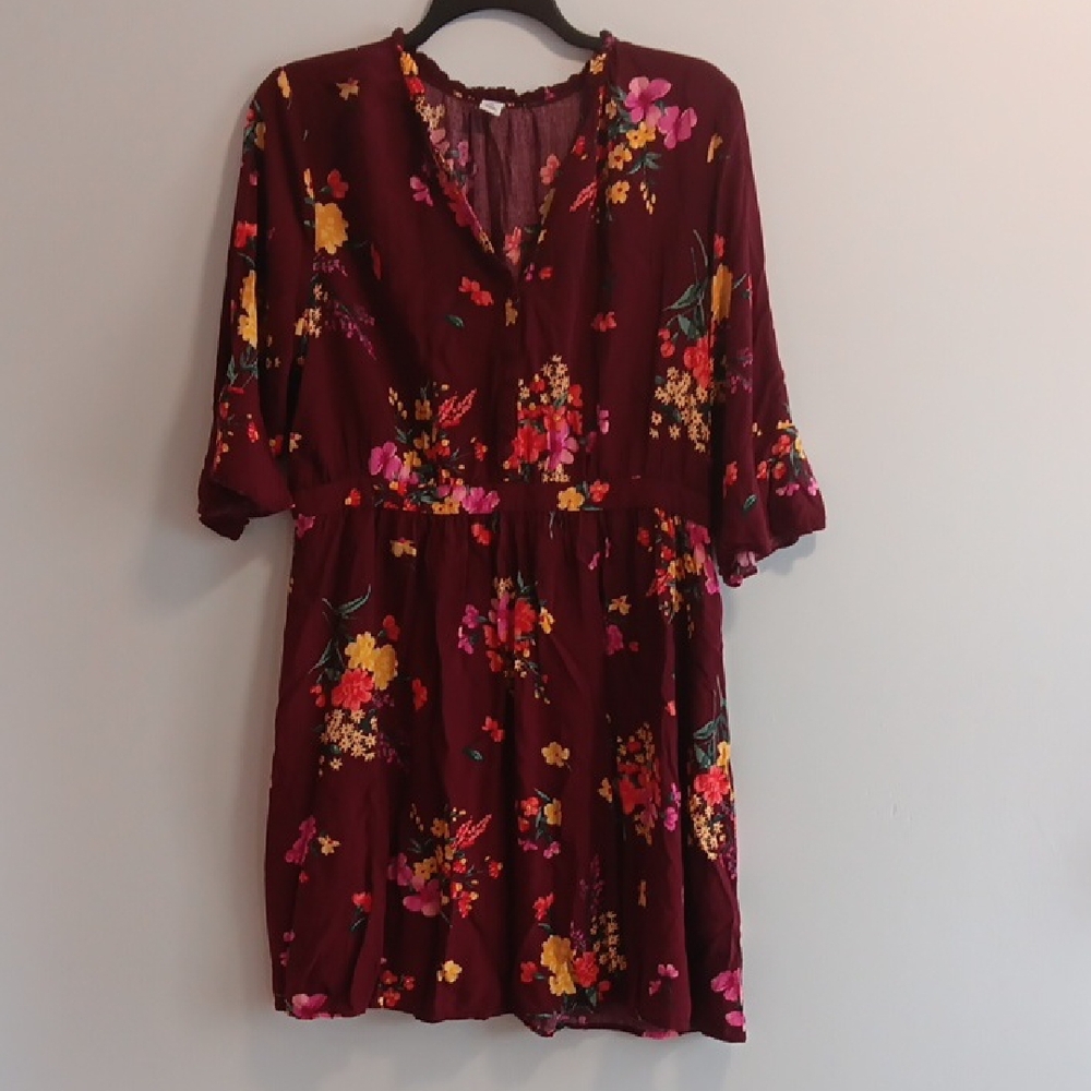 Old Navy Vibrant Red & Yellow Floral Mini Dress, Elbow Length Sleeves, Size XL